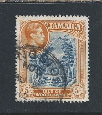 JAMAICA 1938-52 5s SLATE-BLUE & ORANGE-YELLOW PERF 14 LINE USED SG 132a CAT £275 - Image 1 of 2