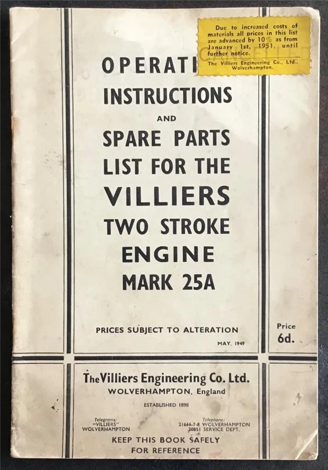 VILLIERS MK25A TWO STROKE ENGINE Instructions Handbook Spare Parts List MAY 1949 - Image 1 of 3