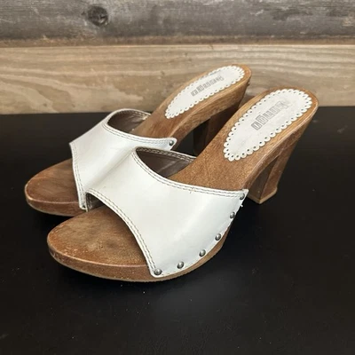 BONGO Vintage Y2K White Leather Candies Style Wooden Heel Open Toe Clog Mules 9 - Image 1 of 4