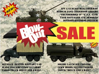 O SCALE WW2 3-MILITARY VEHICLES NEW M4A3 TANK GMC 6X6 TROOP GMC 6x6 TANKER LOT 1 - Image 1 of 4