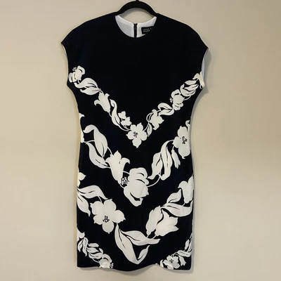 Linda Allard Ellen Tracy 尺码 8 - 100% 真丝海军蓝换装连衣裙花卉设计有衬里 — 第 1/4 张图片