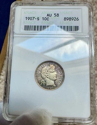 1907-S ~ Data rara ~ Moeda de dez centavos de barbeiro ~ antiga ANACS AU58 ~ TONER ARCO-ÍRIS ~ ÓTIMA cor! - Imagem 1 de 4