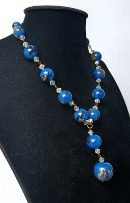 Collier ancien magnifiques perles de verre bleues et perles à facette - TBE - Photo 1/4