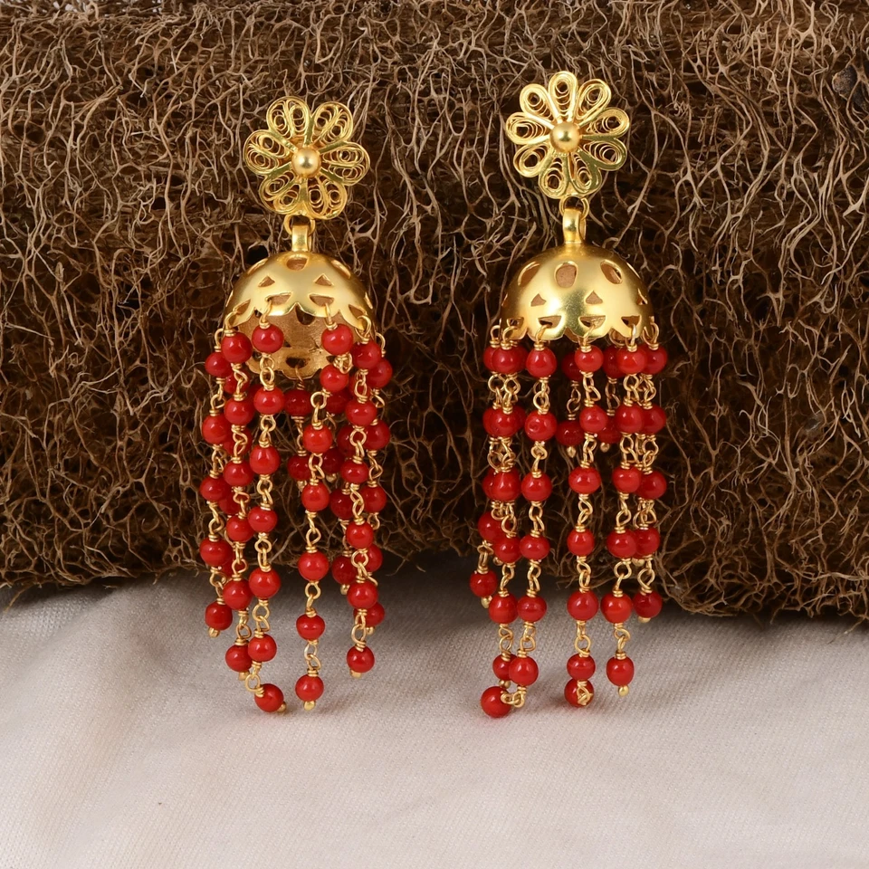 Long Chandelier Red Coral Earring Bead Gemstone 925 Silver Wedding Jhumka Jhumki - Image 1 of 4