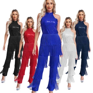 Para Mujer Brillante Lentejuelas Flecos Mono Halter Borla Body Disfraz de Salsa Latina - Imagen 1 de 52