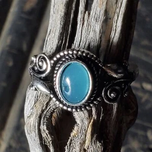 Artisan India Blue Agate 925 Sterling Silver Plated Gemstone Ring Size 7.5 - Picture 1 of 10