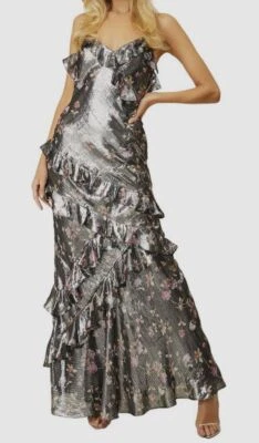 Vestido para mujer LoveShackFancy plateado seda lamé floral con volantes Rialto talla 0 Foto 1 de 3