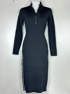 Michael Michael Kors Logo Tape Ribbed Knit Zip Sweater Dress Long Black Size M - Picture 1 of 10