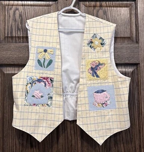 Vintage Handmade Applique Cotton Vest Yellow Blue Sz Large Country Flowers - Picture 1 of 7