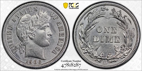 1906-D Barber Silver Dime 10c PCGS AU Detail Protected by Gold Shield & TrueView Cover
