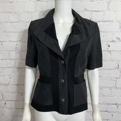 Blusa Mujer Escada 38 Negra Gris Cuello Botón Manga Corta Foto 1 de 4