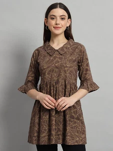 Women 3/4 Sleeve Print Tops Ladies Cotton Casual Shirt Loose Blouse tunic Brown - Picture 1 of 8