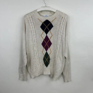 WinterSilks Mens Sweater Cream Silk sz XL Argyle Navy Red Crew Neck Golf Vintage - Picture 1 of 14