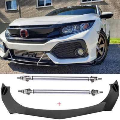 Alerón divisor de labios de parachoques delantero de fibra de carbono + varillas de puntal para Honda Civic 16-20 Foto 1 de 4