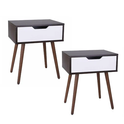 Wooden End Side Table for Small Spaces Stand Bedroom with Drawer 2PCS - Image 1 of 4