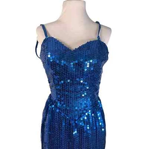 Vintage 1980s Alyce Designs Sapphire Blue Sequin Wiggle Formal Dress XS - Picture 1 of 6