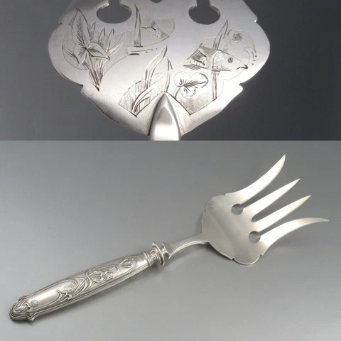 Antique French Sterling Silver Clad Fish Serving Fork, Art Nouveau, Iris Pattern Cover