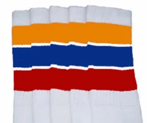 22” KNEE HIGH WHITE tube socks with GOLD/ROYAL BLUE/RED stripes st 5 (22-159)  - Picture 1 of 1