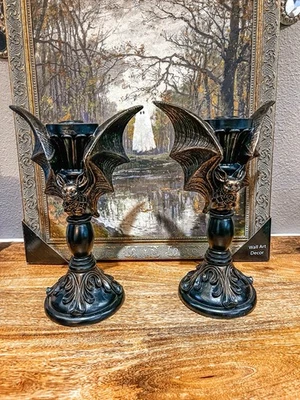 "Juego de 2 estatuillas de 10"" con candelabros de murciélagos vampiros góticos de Halloween" Foto 1 de 4