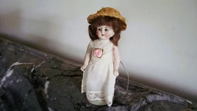 5" Antique German Country Girl Mignonette Bisque Doll 7/0 with Straw Hat - Image 1 of 4