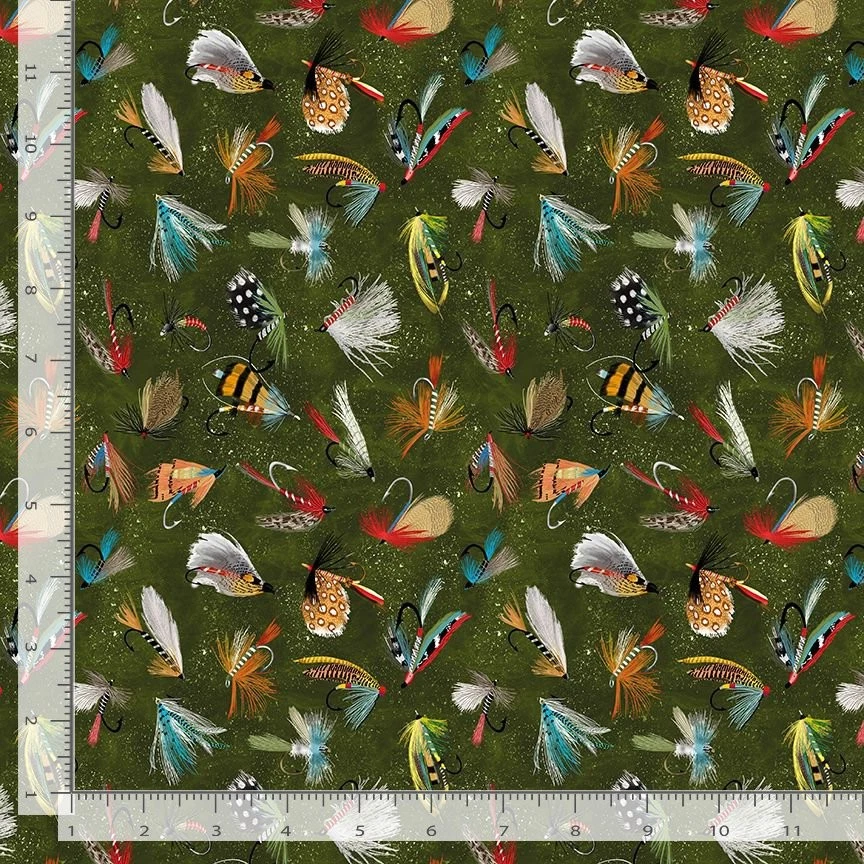 Animal Fabric | Cabin Rules Fly Fishing Lure Green | Timeless Treasures YARD - Image 1 of 1