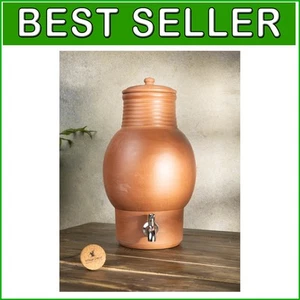Handmade Terracotta Water Pot with Lid and Durable Stainless Steel Tap - 135 oz - Picture 1 of 11