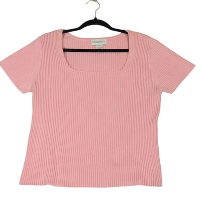 Suéter grande rosa manga corta cuello cuadrado elástico Chadwicks para mujer Foto 1 de 4