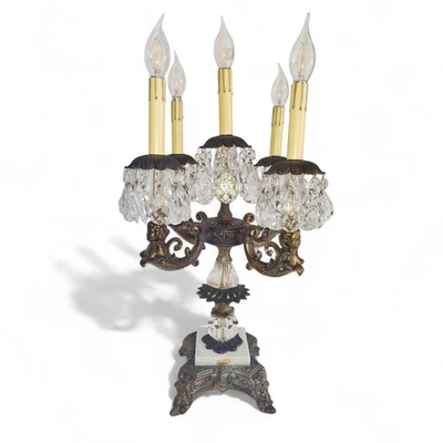 Antique Italian Bronze 5 Light Candelabra Lamp Crystal Prisms & marble *READ* - Image 1 of 4
