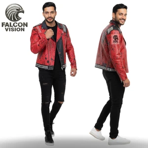 Men's Red Punk Leather Jacket with Silver Studs |Pure Leather Biker Style| 2 Mo - Picture 1 of 3