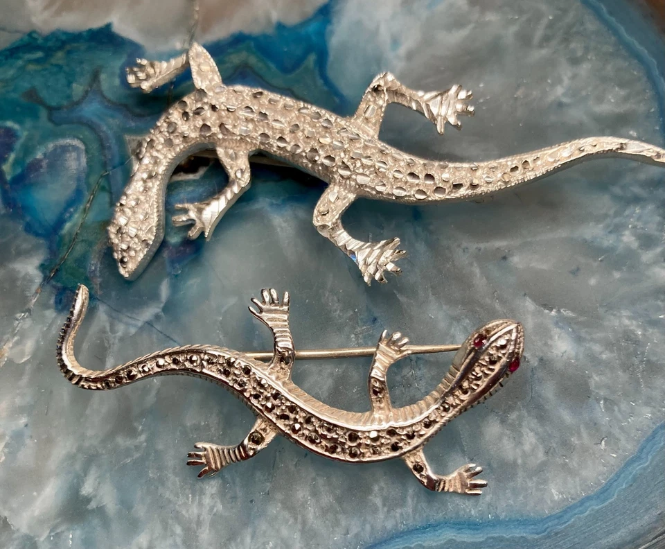 Lote de 2 - Broches prendedores de plata esterlina Lizard Gecko 2,5" 2" vintage 925 Foto 1 de 4