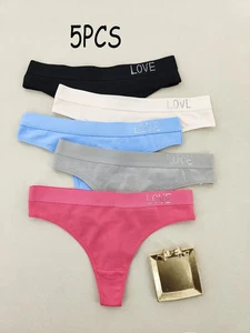 Unterwäsche Baumwolle Damen String Tanga 5er Pack  Sexy „LOVE“ Logo Soft Slip - Bild 1 von 9