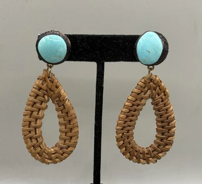 Pendientes colgantes vintage azul turquesa marrón ratán tejido lágrima  Foto 1 de 3