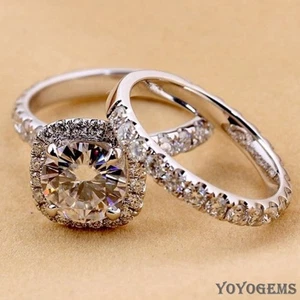 Moissanite Bridal Set Engagement Ring Solid 14K White Gold 2.50 Carat Round Cut - Picture 1 of 11