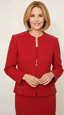 Traje Falda Colección St John Talla 4 Conjunto de Dos Piezas Cuero Tejido Rojo* Acento Dorado Foto 1 de 4