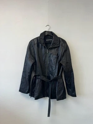 Kenneth Cole Reaction Jacket Womens Large Black Belted Zip Leather Coat Moto - Image 1 of 4