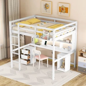 Full Loft Bed Multi Storage Desk LED light Bedside Tray Charging Station 33AAK - Picture 1 of 3