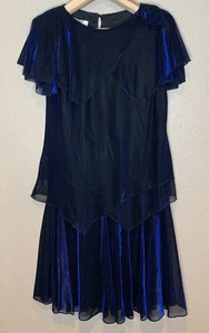 Vintage Patra Metallic Blue Ruffle Tiered Chiff Evening Gown Flower Accent 14 - Bild 1 von 10