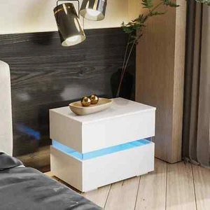 Mesita De 2 Cajones Noche Blanca Con Luz Gavetas Mesa Muebles Para El Dormitorio - Picture 1 of 4