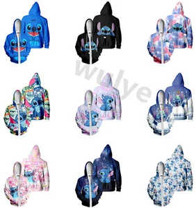 Adult Kids Cartoon_Stitch 3D Hoodie Cosplay Hooded Sweatshirt Zipper Jacket Coat - Picture 1 of 25