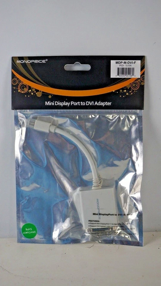 NEW Monoprice Mini Display Port To DVI Adapter MDP-M-DVI-F, White - Image 1 of 1