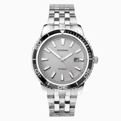 Nuovo da Uomo Sekonda Orologio Quadrante Argento Data Finestra Acciaio Bracelet - Immagine 1 di 4