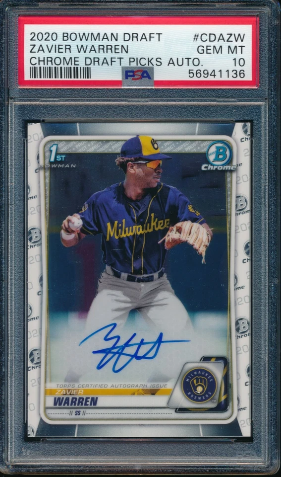 PSA 10 ZAVIER WARREN AUTO 2020 Bowman Chrome Draft Autograph Rookie RC GEM MINT - Image 1 of 1
