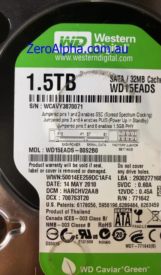 WD15EADS-00S2B0 Western Digital, DCM: HARCHV2AAB, 14 MAY 2010 Data Recovery - Image 1 of 1