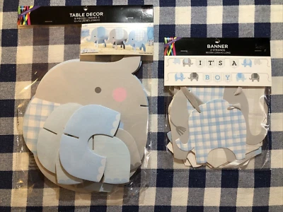 Nuevo Elephant It's A Boy Decoración de Mesa y Banner Azul Gris Blanco Foto 1 de 4