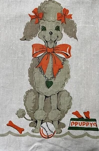 Vintage Linen Poodle Tea Towel Puppy Baseball EXC - Picture 1 of 7