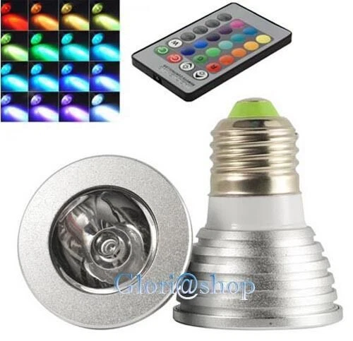 LAMPADINA 1 LED RGB E27 FARETTO 3W LUCE MULTICOLORI EFFETTI STROBO TELECOMANDO - Immagine 1 di 1
