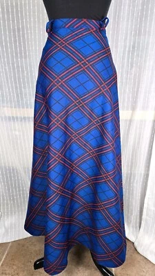 Maxi falda a cuadros geométrica a rayas azul rojo negro años 70 vintage lazos para cinturón - XSM Foto 1 de 4