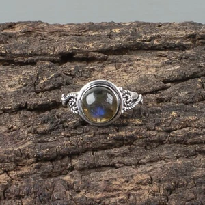 Round Genuine Labradorite Sterling Silver Wife Statement Band Wedding Fine Ring - Picture 1 of 9