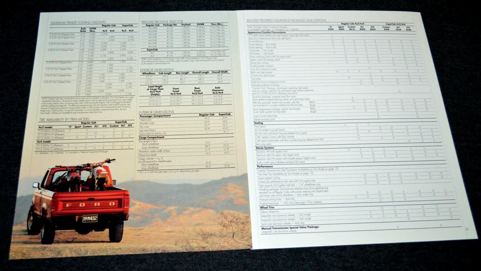 Ford Ranger 1992 especificaciones opciones de colores información original del concesionario anuncio impreso 92 Foto 1 de 1