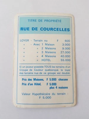 CARTE TITRE DE PROPRIETE MONOPOLY MIRO PARKER COMPANY RUE DE COURCELLES - Photo 1/4
